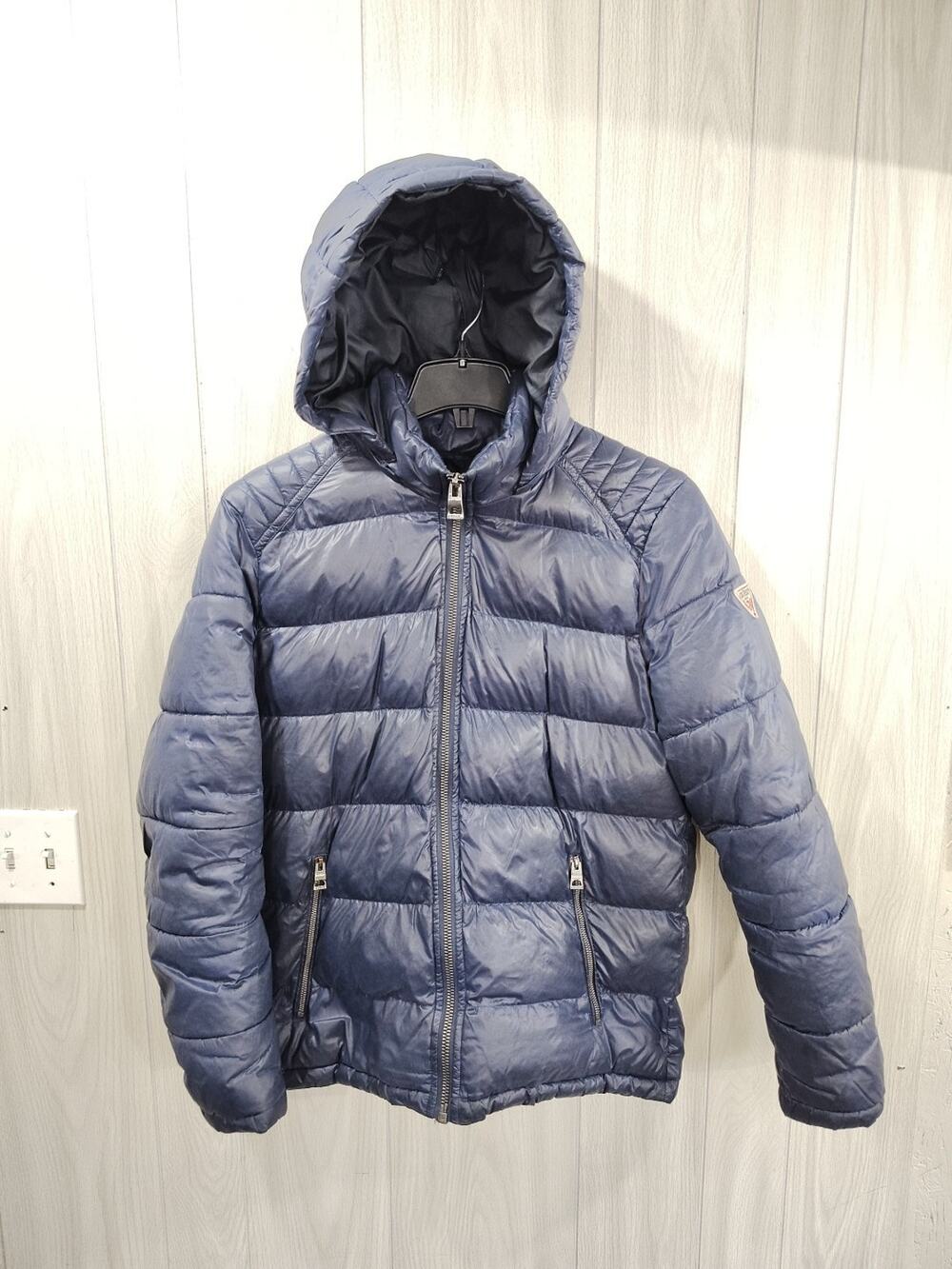 GUESS Men Puffer Jacket Coat Size M Navy Blue Solid Warm Stylish Outdoors